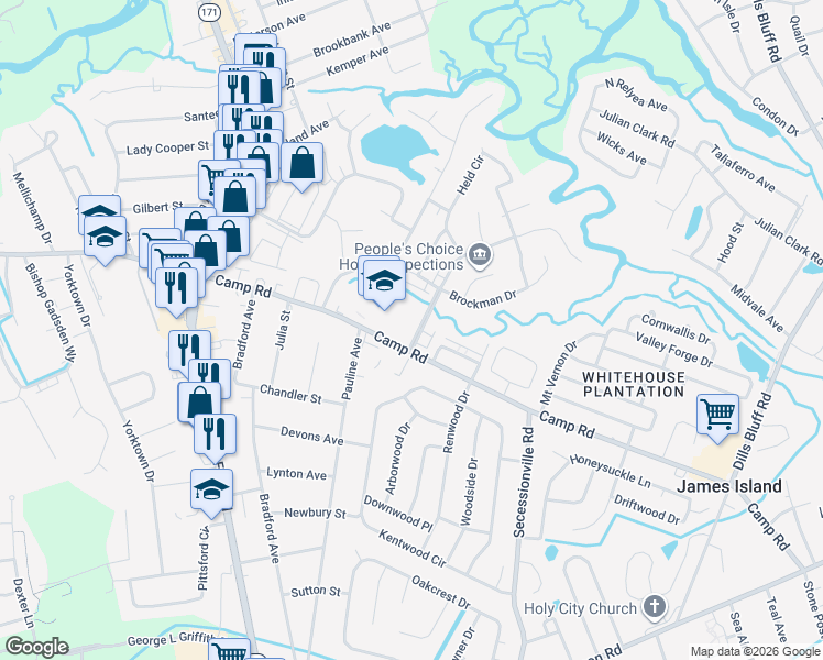 map of restaurants, bars, coffee shops, grocery stores, and more near 9 South Anderson Avenue in Charleston