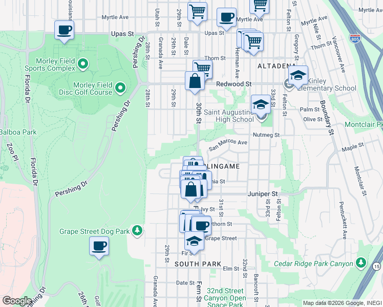 map of restaurants, bars, coffee shops, grocery stores, and more near 2974 Maple Court in San Diego
