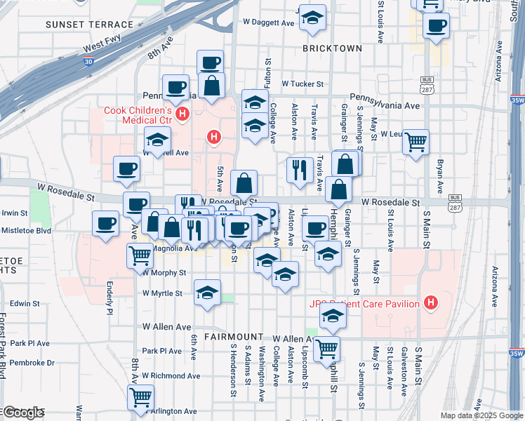 map of restaurants, bars, coffee shops, grocery stores, and more near 1001 West Rosedale Street in Fort Worth