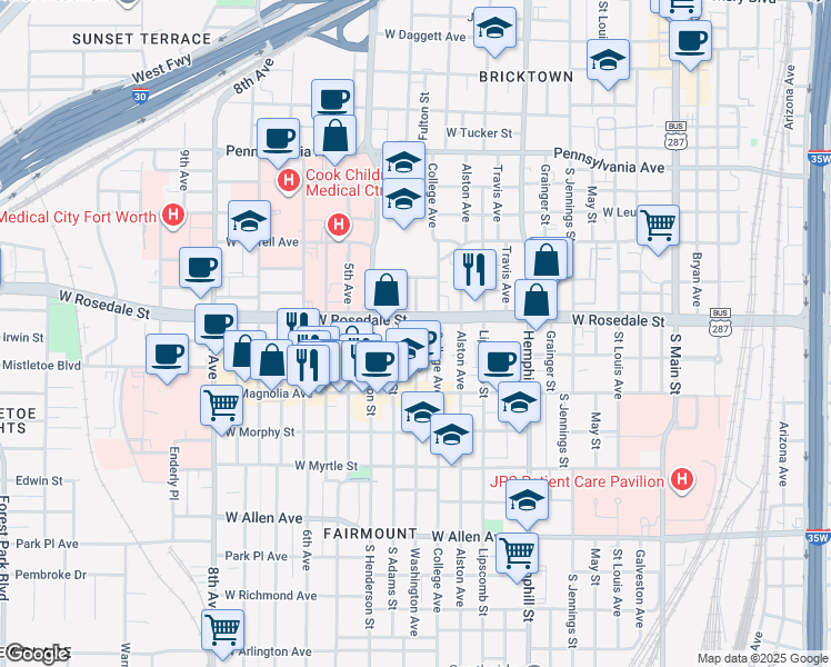 map of restaurants, bars, coffee shops, grocery stores, and more near 1001 West Rosedale Street in Fort Worth