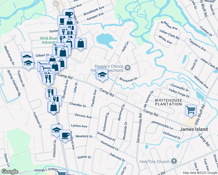 map of restaurants, bars, coffee shops, grocery stores, and more near 17 South Anderson Avenue in Charleston
