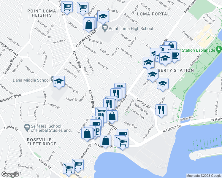 map of restaurants, bars, coffee shops, grocery stores, and more near 3145 Quimby Street in San Diego