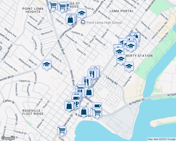 map of restaurants, bars, coffee shops, grocery stores, and more near 3145 Quimby Street in San Diego