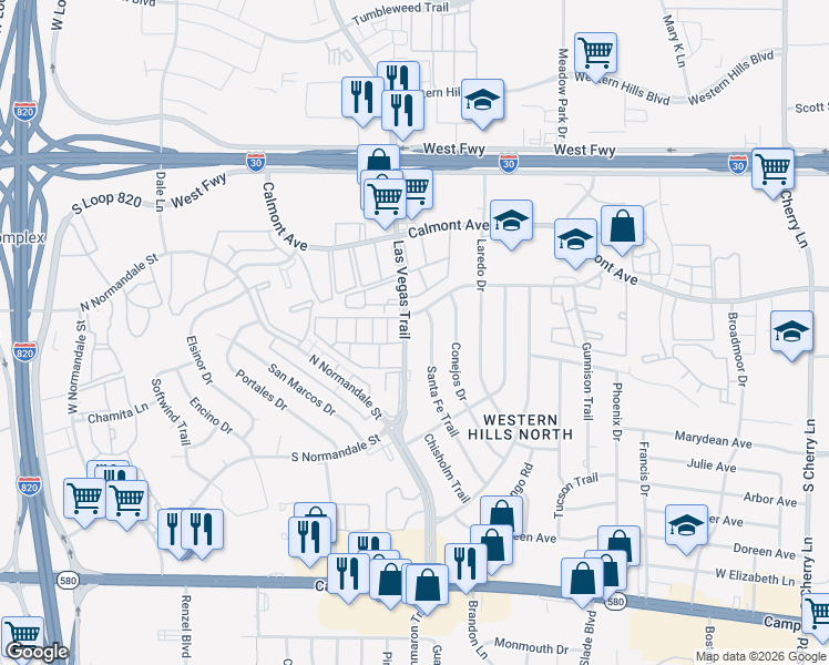 map of restaurants, bars, coffee shops, grocery stores, and more near 2909 Las Vegas Trail in Fort Worth