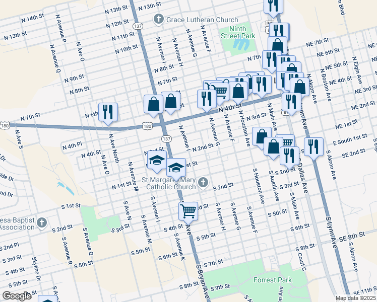 map of restaurants, bars, coffee shops, grocery stores, and more near 301 North Avenue I in Lamesa