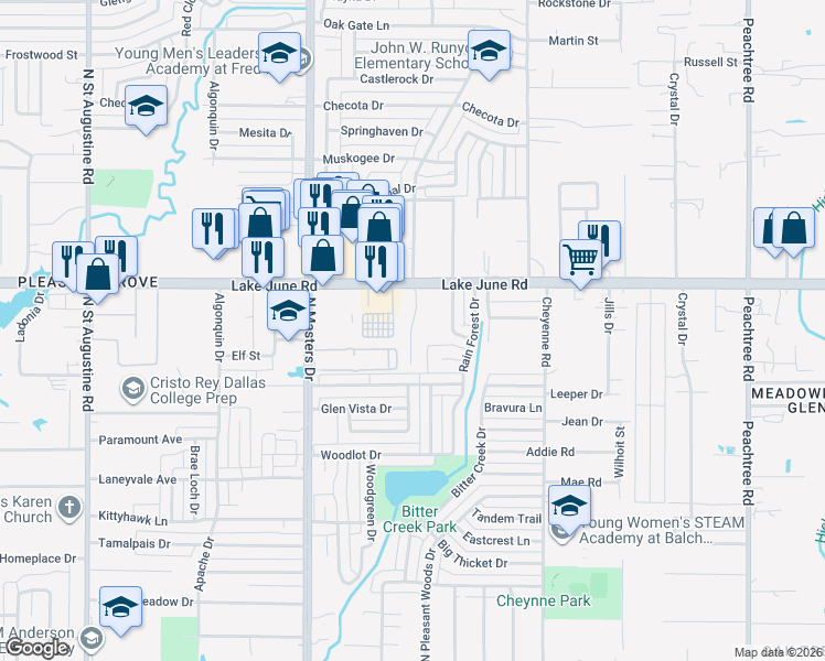 map of restaurants, bars, coffee shops, grocery stores, and more near 10406 Lake June Road in Dallas