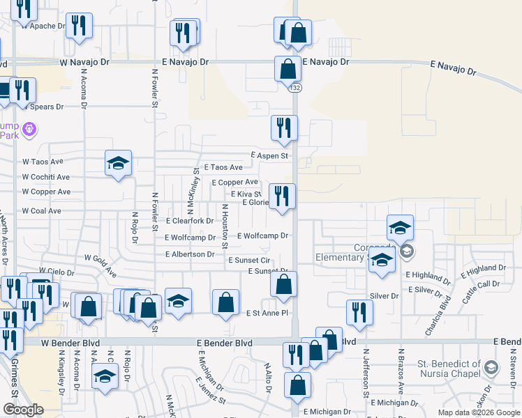 map of restaurants, bars, coffee shops, grocery stores, and more near 613 East Kiva Street in Hobbs