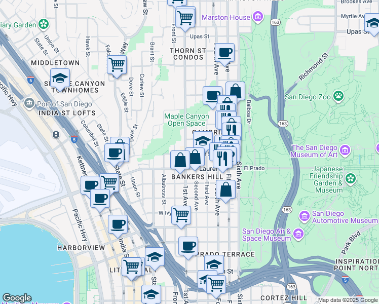 map of restaurants, bars, coffee shops, grocery stores, and more near 110 Maple Street in San Diego