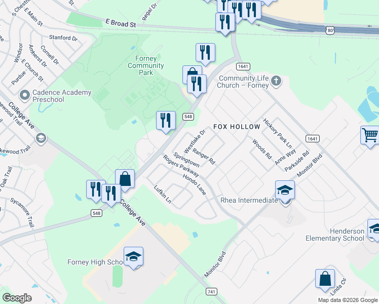 map of restaurants, bars, coffee shops, grocery stores, and more near 313 Westlake Drive in Forney