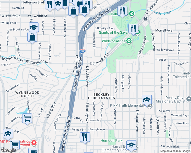 map of restaurants, bars, coffee shops, grocery stores, and more near 115 North Shore Drive in Dallas