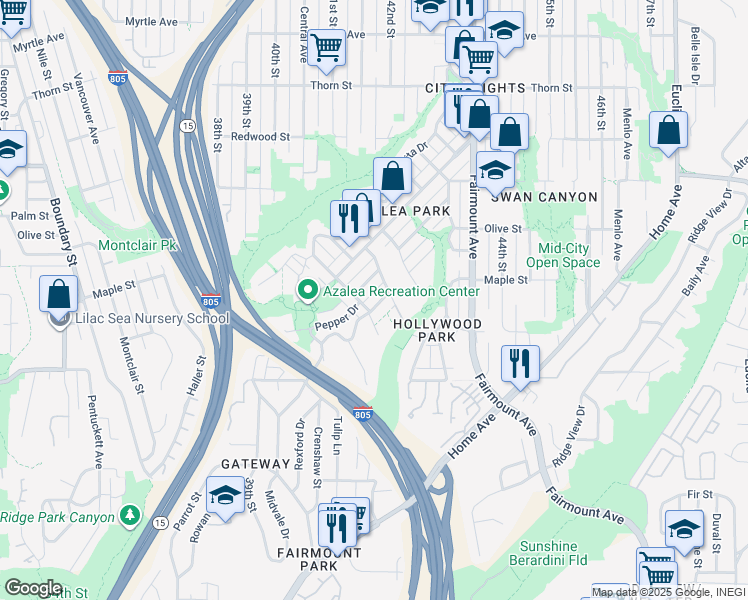 map of restaurants, bars, coffee shops, grocery stores, and more near 4196 Sycamore Drive in San Diego