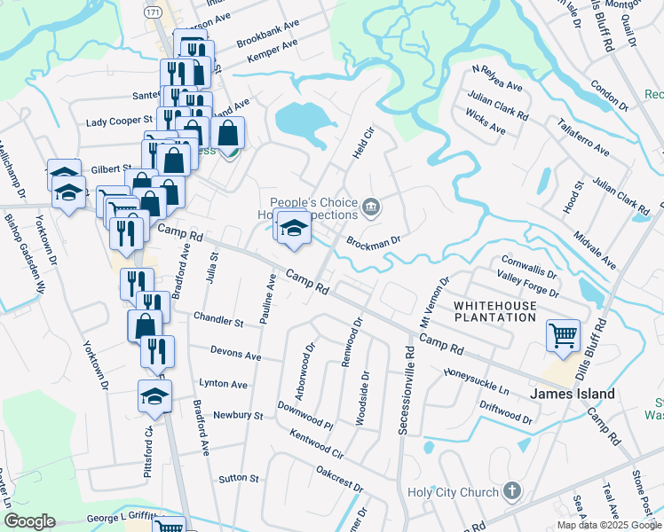 map of restaurants, bars, coffee shops, grocery stores, and more near 17 South Anderson Avenue in Charleston