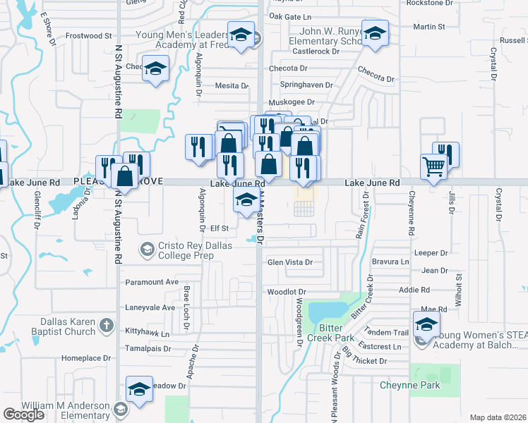 map of restaurants, bars, coffee shops, grocery stores, and more near 1230 North Masters Drive in Dallas