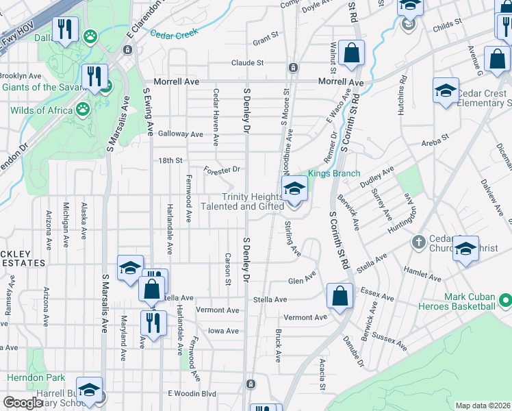 map of restaurants, bars, coffee shops, grocery stores, and more near 1200 Renner Drive in Dallas