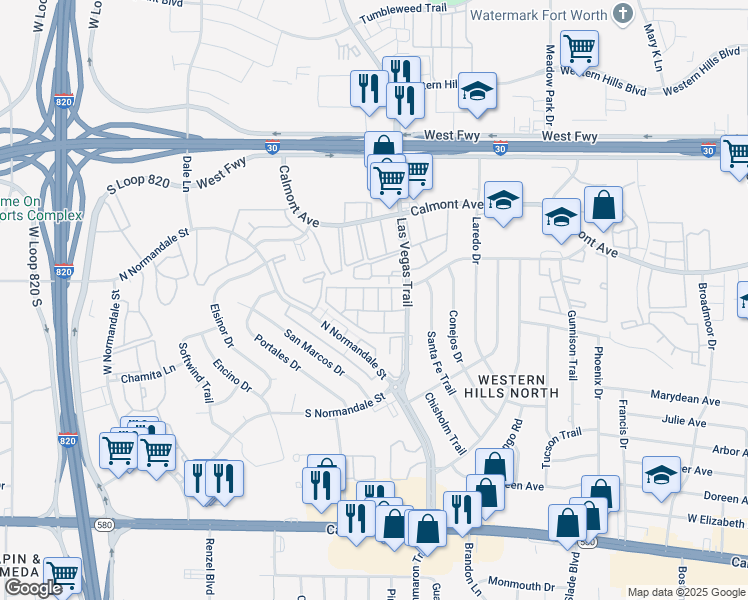 map of restaurants, bars, coffee shops, grocery stores, and more near 8716 Las Vegas Court in Fort Worth