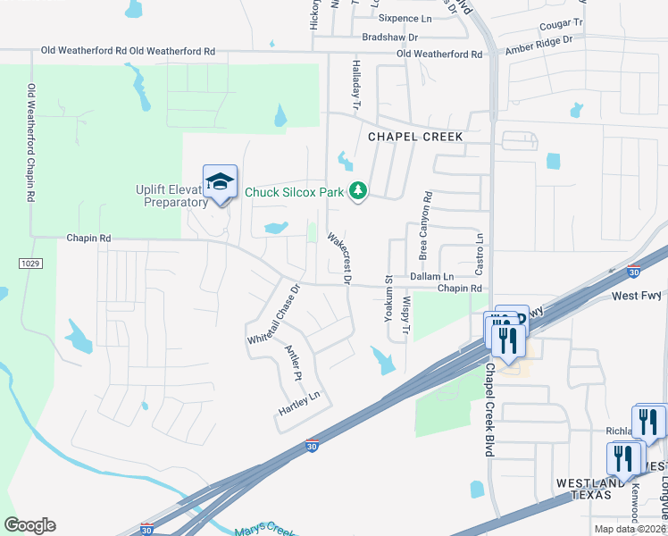 map of restaurants, bars, coffee shops, grocery stores, and more near 10545 Splitridge Court in Fort Worth