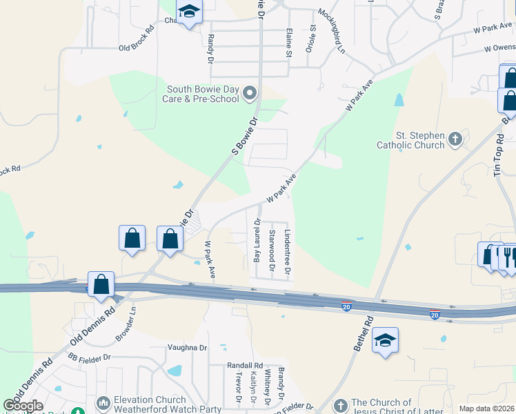 map of restaurants, bars, coffee shops, grocery stores, and more near 818 West Park Avenue in Weatherford