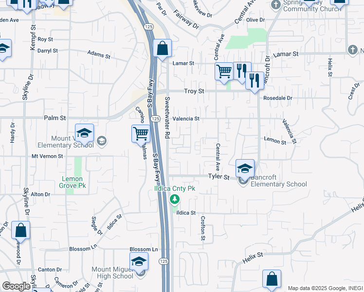 map of restaurants, bars, coffee shops, grocery stores, and more near 2515 Sweetwater Road in Spring Valley
