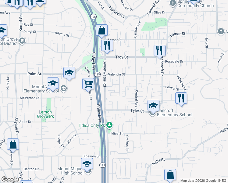 map of restaurants, bars, coffee shops, grocery stores, and more near 2515 Sweetwater Road in Spring Valley