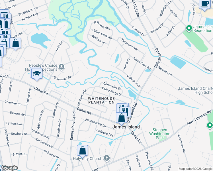 map of restaurants, bars, coffee shops, grocery stores, and more near 1272 Cornwallis Road in Charleston