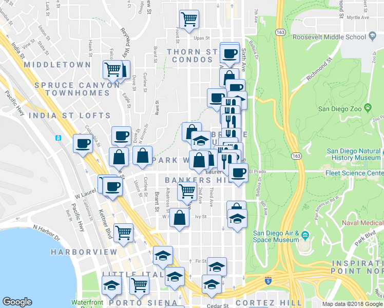 map of restaurants, bars, coffee shops, grocery stores, and more near 110 Maple Street in San Diego