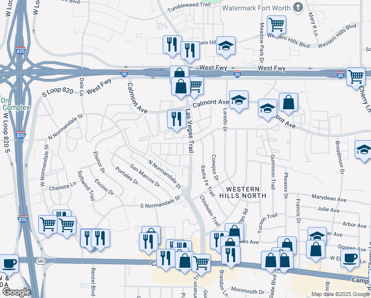 map of restaurants, bars, coffee shops, grocery stores, and more near 8624 Las Vegas Court in Fort Worth