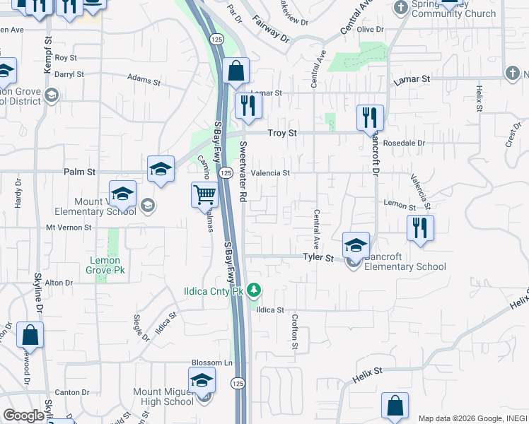 map of restaurants, bars, coffee shops, grocery stores, and more near 2515 Sweetwater Road in Spring Valley