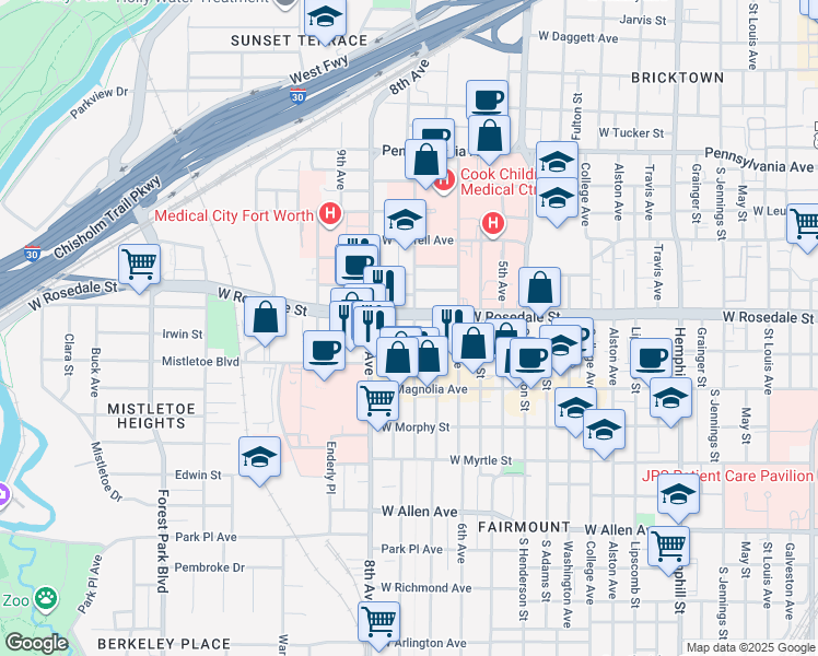 map of restaurants, bars, coffee shops, grocery stores, and more near 1108 7th Avenue in Fort Worth