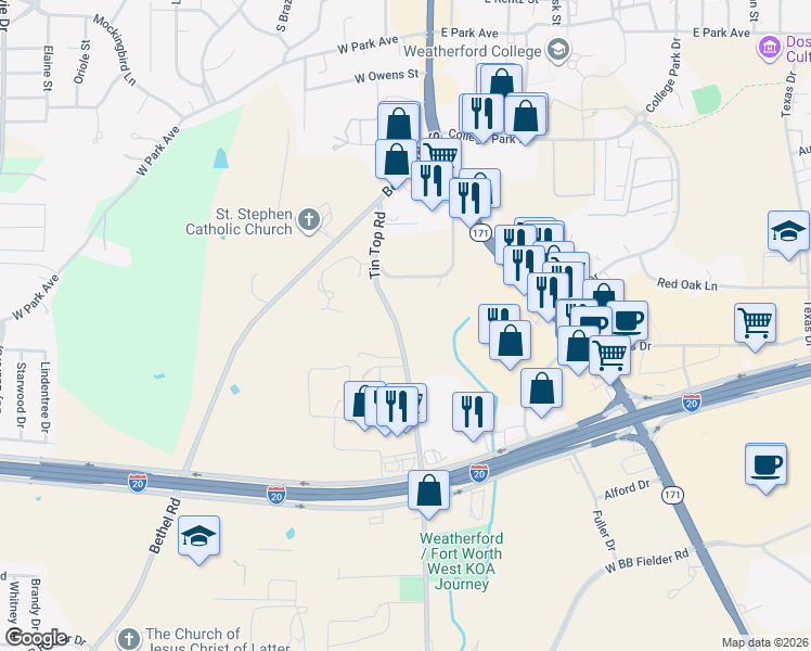 map of restaurants, bars, coffee shops, grocery stores, and more near 1945 Tin Top Road in Weatherford