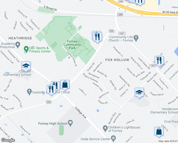 map of restaurants, bars, coffee shops, grocery stores, and more near 330 Timber Road in Forney