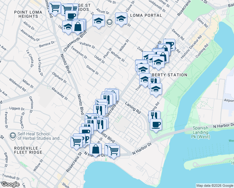 map of restaurants, bars, coffee shops, grocery stores, and more near 3022 Russell Street in San Diego