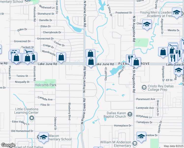 map of restaurants, bars, coffee shops, grocery stores, and more near 1190 North Prairie Creek Road in Dallas
