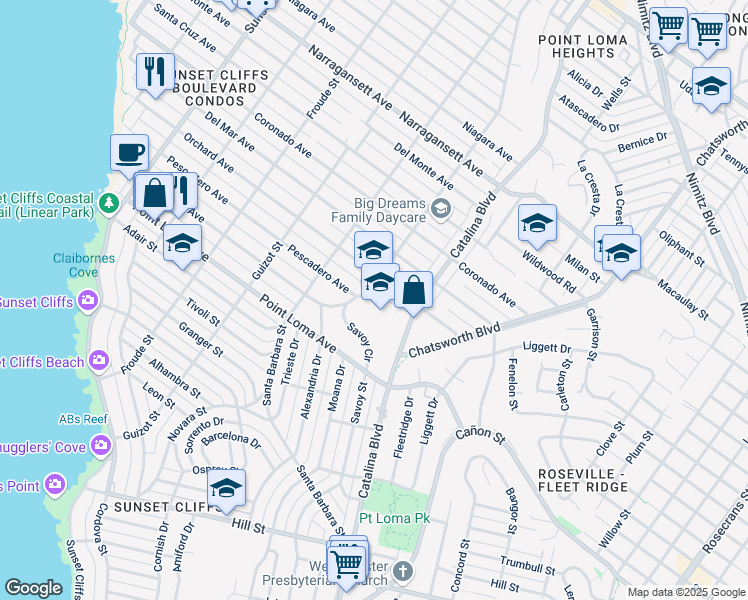 map of restaurants, bars, coffee shops, grocery stores, and more near 1499 Savoy Circle in San Diego