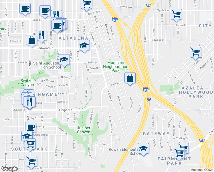 map of restaurants, bars, coffee shops, grocery stores, and more near Boundary St & Maple St in San Diego