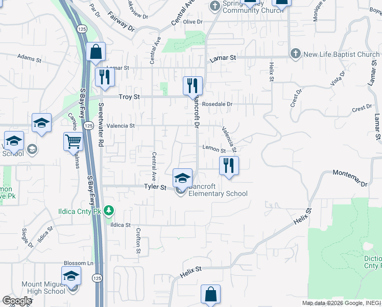 map of restaurants, bars, coffee shops, grocery stores, and more near 8920 King Michael Court in Spring Valley