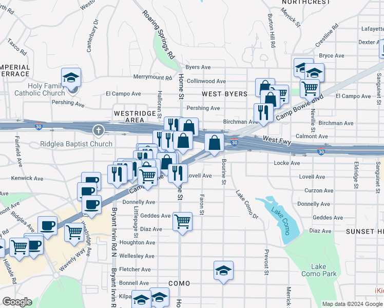 map of restaurants, bars, coffee shops, grocery stores, and more near 5606 Camp Bowie Boulevard in Fort Worth