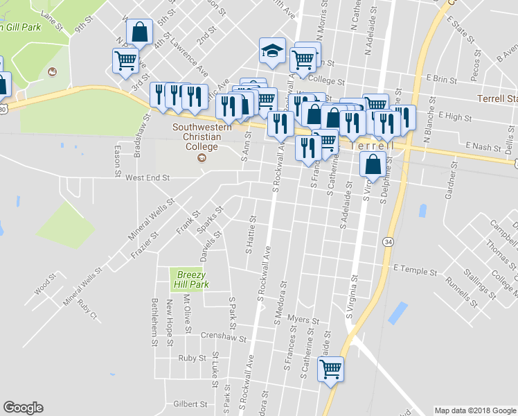 map of restaurants, bars, coffee shops, grocery stores, and more near 605 South Hattie Street in Terrell