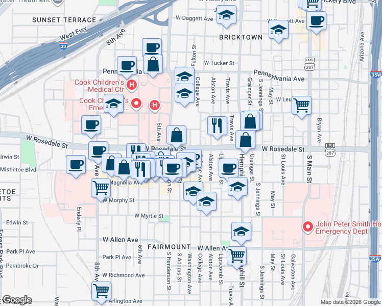 map of restaurants, bars, coffee shops, grocery stores, and more near 1101 South Adams Street in Fort Worth