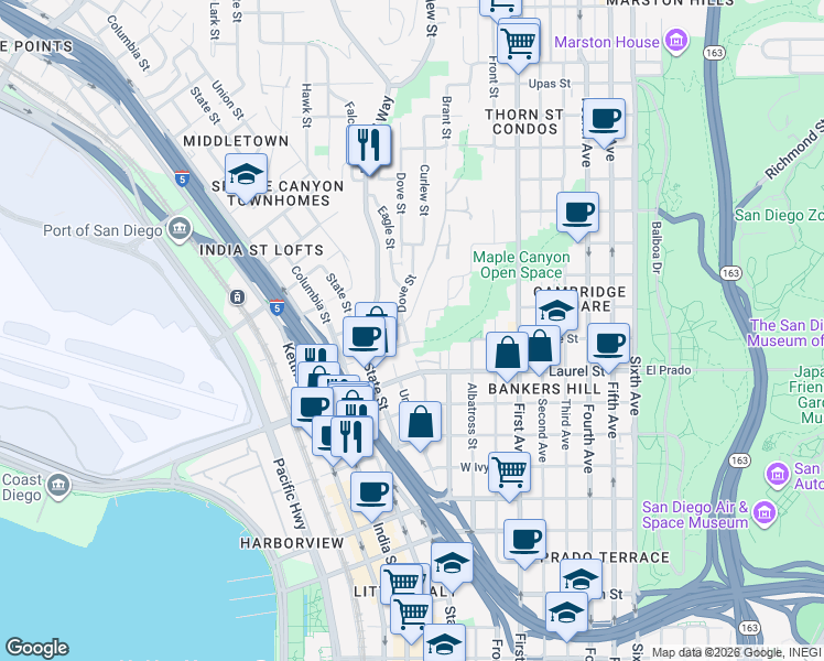 map of restaurants, bars, coffee shops, grocery stores, and more near 2645 North Arroyo Drive in San Diego