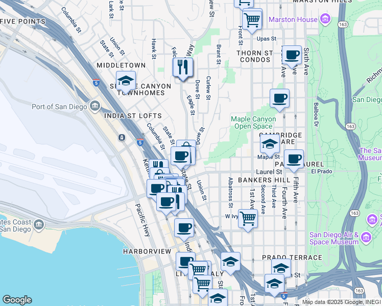 map of restaurants, bars, coffee shops, grocery stores, and more near 2687 Reynard Way in San Diego