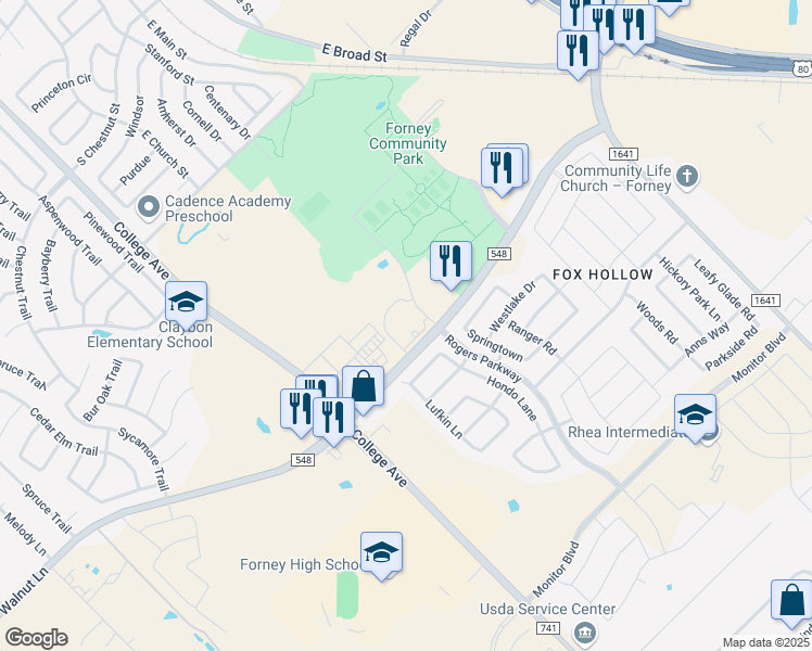 map of restaurants, bars, coffee shops, grocery stores, and more near 335 Farm to Market 548 in Forney