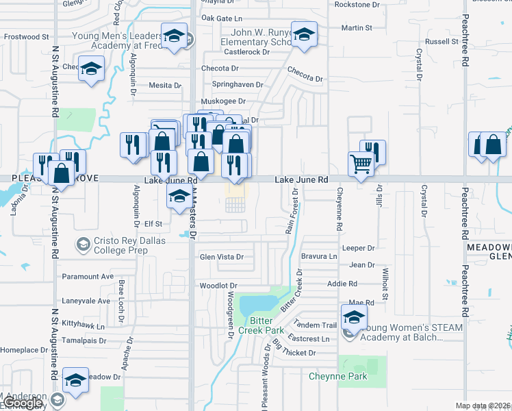 map of restaurants, bars, coffee shops, grocery stores, and more near 10500 Lake June Road in Dallas