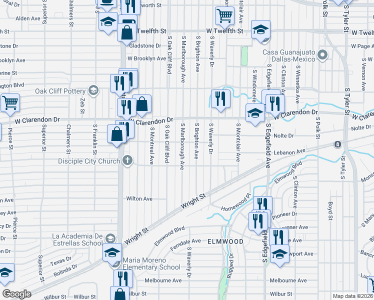 map of restaurants, bars, coffee shops, grocery stores, and more near 1207 South Marlborough Avenue in Dallas