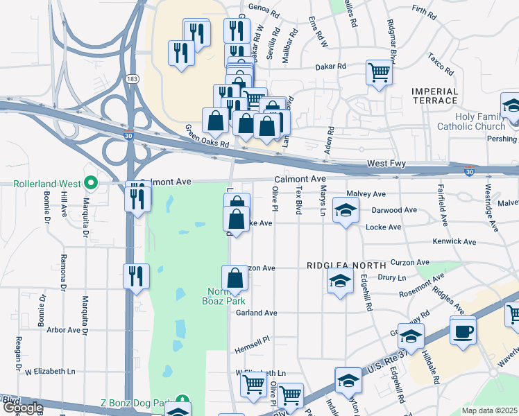 map of restaurants, bars, coffee shops, grocery stores, and more near 2903 Sappington Place in Fort Worth