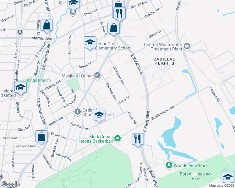 map of restaurants, bars, coffee shops, grocery stores, and more near 1404 Dalview Avenue in Dallas