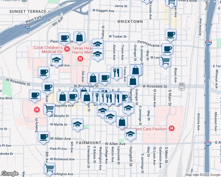 map of restaurants, bars, coffee shops, grocery stores, and more near 1106 Alston Avenue in Fort Worth