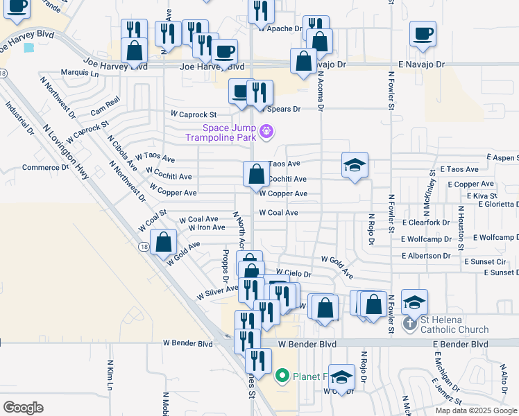 map of restaurants, bars, coffee shops, grocery stores, and more near 720 West Coal Avenue in Hobbs