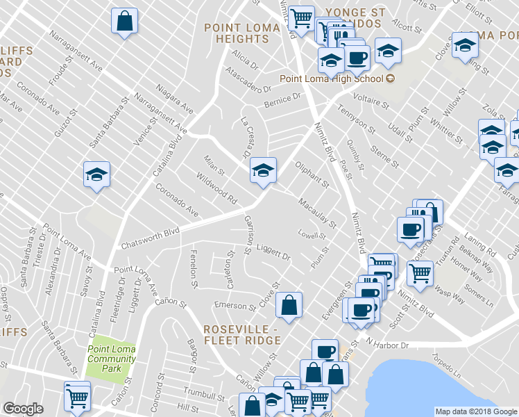 map of restaurants, bars, coffee shops, grocery stores, and more near 1725 Chatsworth Boulevard in San Diego