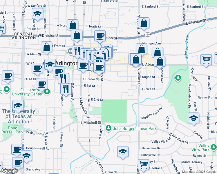 map of restaurants, bars, coffee shops, grocery stores, and more near 500 East Border Street in Arlington