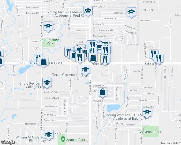 map of restaurants, bars, coffee shops, grocery stores, and more near 1230 N Masters Dr in Dallas